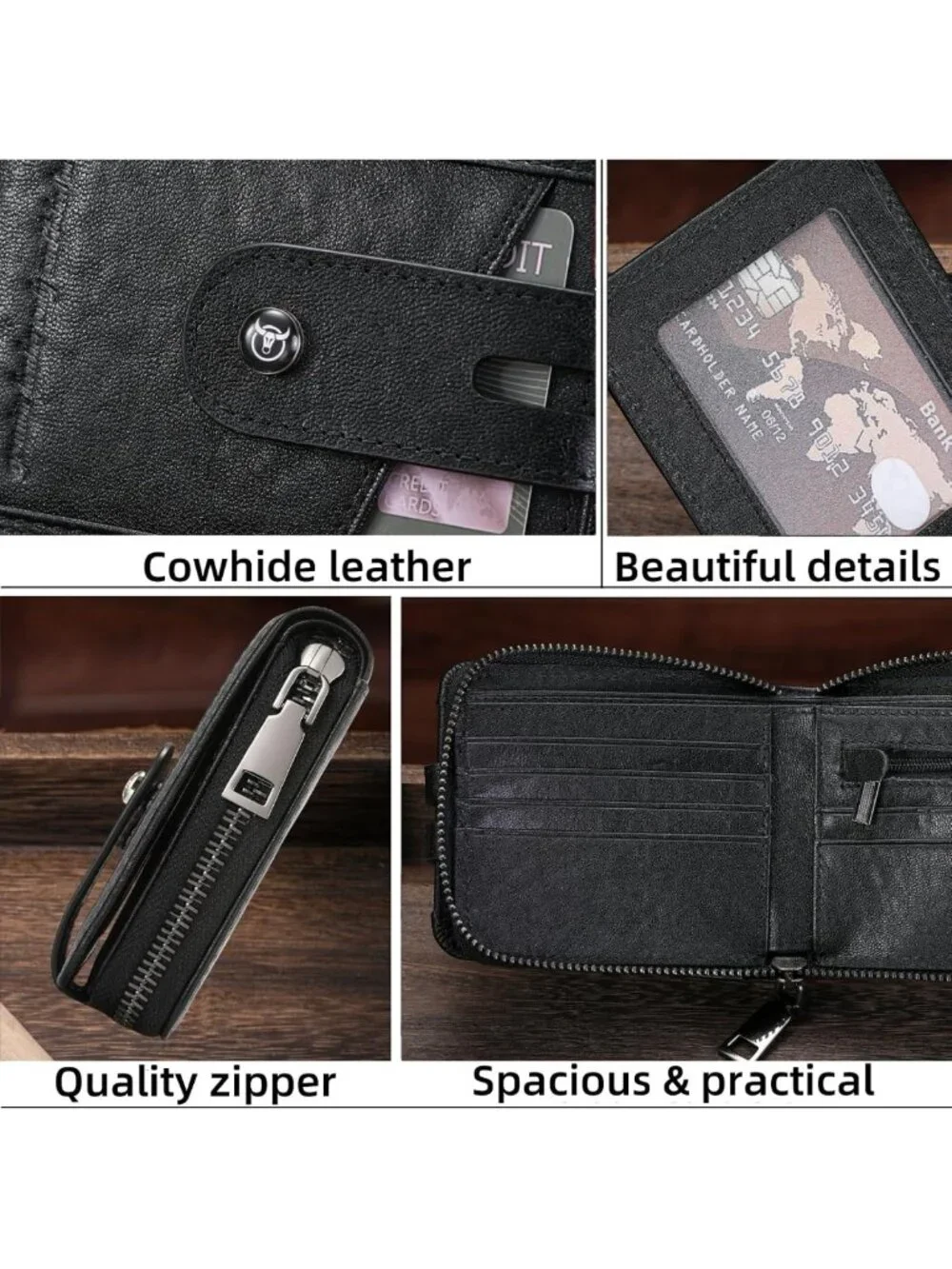 Genuine Leather Men's Zipper Wallet - Stylish, Durable, Slim Design (Black)